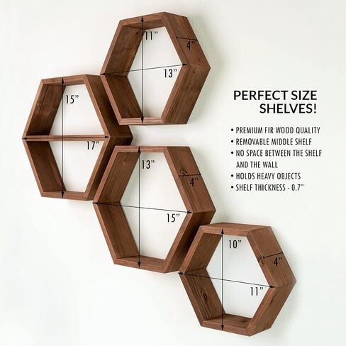 Extra Large Hexagon Floating Shelves - Set of 4 - Honeycomb Shelves Octagon Shelves Wall Hanging Shelves Honeycomb Decor - Wooden Honey Comb Hexagon Shelf for Wall - Geometric Hexagonal Natural Wood in Saudi Arabia