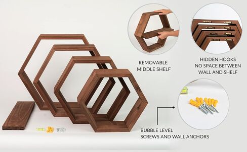 Extra Large Hexagon Floating Shelves - Set of 4 - Honeycomb Shelves Octagon Shelves Wall Hanging Shelves Honeycomb Decor - Wooden Honey Comb Hexagon Shelf for Wall - Geometric Hexagonal Natural Wood in Saudi Arabia