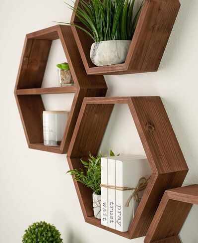 Extra Large Hexagon Floating Shelves - Set of 4 - Honeycomb Shelves Octagon Shelves Wall Hanging Shelves Honeycomb Decor - Wooden Honey Comb Hexagon Shelf for Wall - Geometric Hexagonal Natural Wood in Saudi Arabia