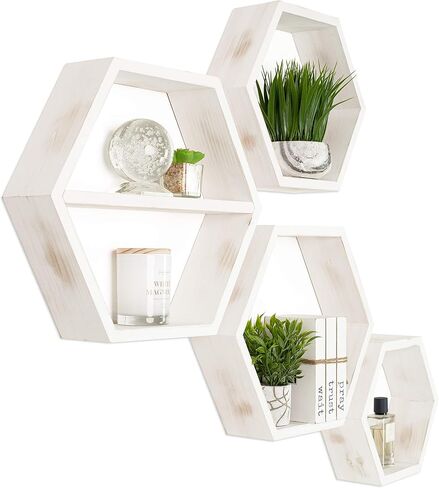 Extra Large Hexagon Floating Shelves - Set of 4 - Honeycomb Shelves Octagon Shelves Wall Hanging Shelves Honeycomb Decor - Wooden Honey Comb Hexagon Shelf for Wall - Geometric Hexagonal Natural Wood in Saudi Arabia