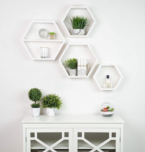 Extra Large Hexagon Floating Shelves - Set of 4 - Honeycomb Shelves Octagon Shelves Wall Hanging Shelves Honeycomb Decor - Wooden Honey Comb Hexagon Shelf for Wall - Geometric Hexagonal Natural Wood in Saudi Arabia