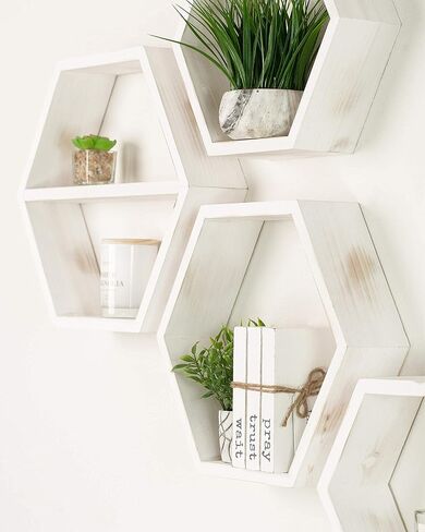 Extra Large Hexagon Floating Shelves - Set of 4 - Honeycomb Shelves Octagon Shelves Wall Hanging Shelves Honeycomb Decor - Wooden Honey Comb Hexagon Shelf for Wall - Geometric Hexagonal Natural Wood in Saudi Arabia