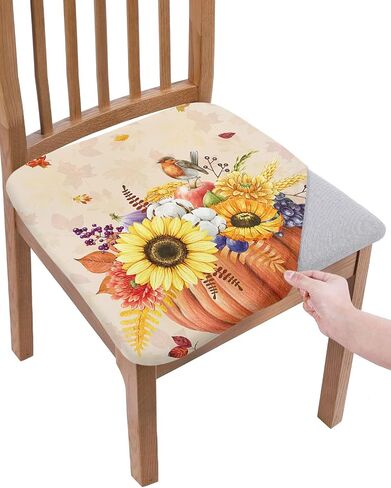 Fall Stretch Dining Chair Seat Covers Set of 4, Thanksgiving Removable Washable Chair Covers Seat Slipcovers, Autumn Orange Pumpkin Sunflower Leaves Dust-proof Chair Cover Seat for Kitchen Decor in Saudi Arabia