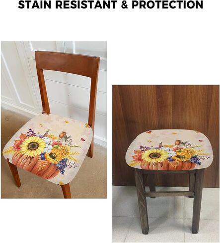 Fall Stretch Dining Chair Seat Covers Set of 4, Thanksgiving Removable Washable Chair Covers Seat Slipcovers, Autumn Orange Pumpkin Sunflower Leaves Dust-proof Chair Cover Seat for Kitchen Decor in Saudi Arabia
