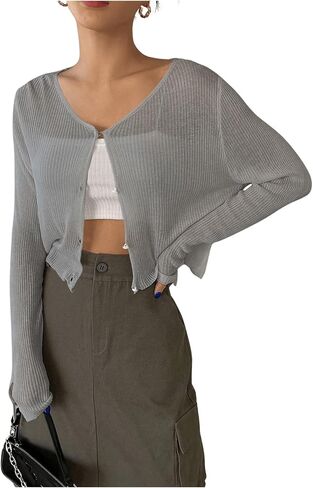 Floerns Women's Ribbed Knit Long Sleeve Button Front V Neck Cardigan Crop Top in Saudi Arabia