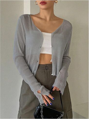 Floerns Women's Ribbed Knit Long Sleeve Button Front V Neck Cardigan Crop Top in Saudi Arabia