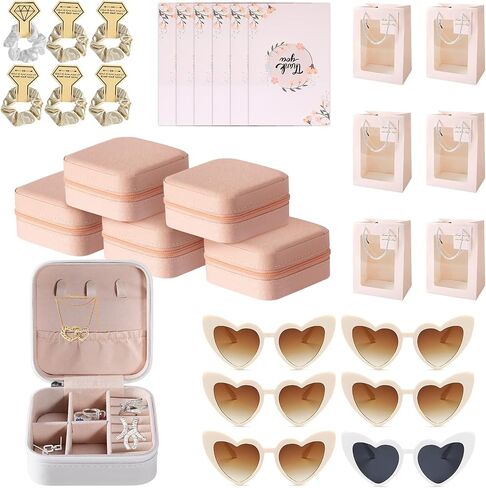 Bridesmaid Proposal Gifts Set of 8, Travel Jewelry Case with Silk Scrunchies Heart Sunglasses Gift Bags Bridal Shower Gifts Maid of Honor Gifts Bachelorette Party Favors for Wedding in Saudi Arabia