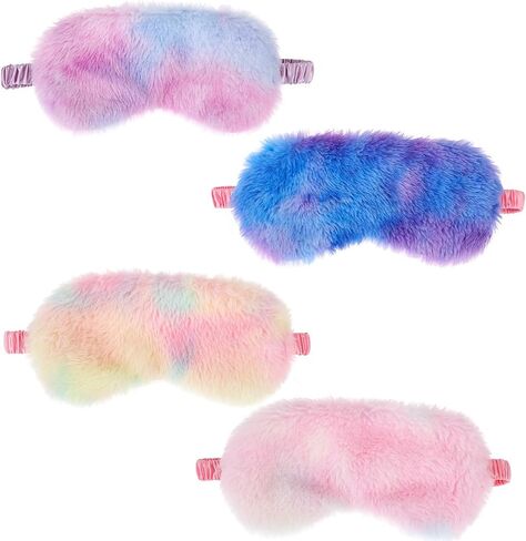 Plush Sleeping Eye Mask, 4 Pcs Colorful Soft Furry Sleep Mask Comfortable Night Blindfold Elastic Faux Fur Eye Shade Cover for Women Girls Travel Sleepover Nap Slumber Party Supplies (Rainbow Color) in Saudi Arabia