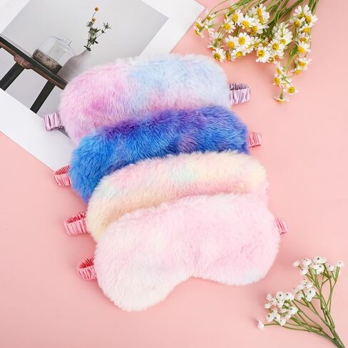 Plush Sleeping Eye Mask, 4 Pcs Colorful Soft Furry Sleep Mask Comfortable Night Blindfold Elastic Faux Fur Eye Shade Cover for Women Girls Travel Sleepover Nap Slumber Party Supplies (Rainbow Color) in Saudi Arabia