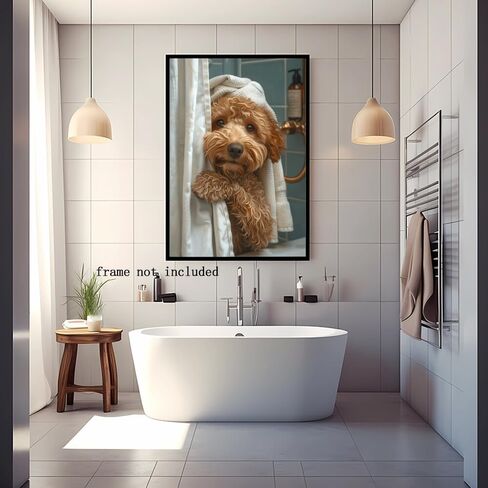 الحمام جدار الفن مضحك Goldendoodle في دش الفكاهة الحيوان المشارك صورة قماش طباعة ديكور الحمام لمحبي الكلاب 8x12 بوصة غير المؤطرة in Saudi Arabia