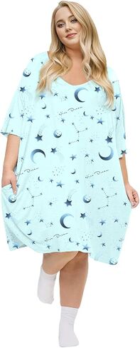 KFUBUO حجم كبير قمصان النوم للنساء الخامس الرقبة النوم بلايز فستان Pjs صالة قصيرة الأكمام ملابس خاصة مع جيب صالح S-5XL in Kuwait