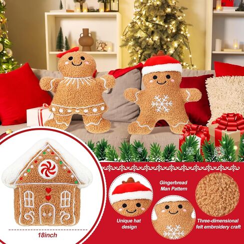 Konohan 3 Pcs Christmas Gingerbread Pillows Gingerbread House Gingerbread Man Throw Pillows Stuffed Gingerbread Shaped Pillow Gingerbread Plush Pillows for Christmas Party Outdoor Cushion Decorations in Saudi Arabia