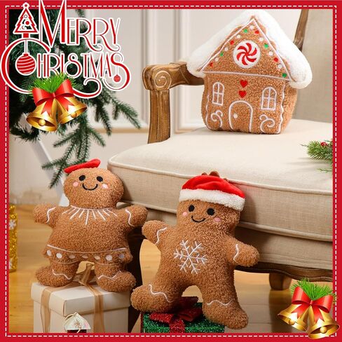 Konohan 3 Pcs Christmas Gingerbread Pillows Gingerbread House Gingerbread Man Throw Pillows Stuffed Gingerbread Shaped Pillow Gingerbread Plush Pillows for Christmas Party Outdoor Cushion Decorations in Saudi Arabia