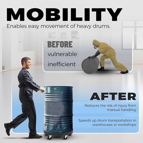 KUAFU 500 رطل طبل دوللي لحاوية مستديرة سعة 55 جالونًا، عربة طبل بلاستيكية شديدة التحمل، عربة أسطوانية بلاستيكية متينة مع 5 عجلات دوارة لنقل العناصر باللون الأسود in Kuwait