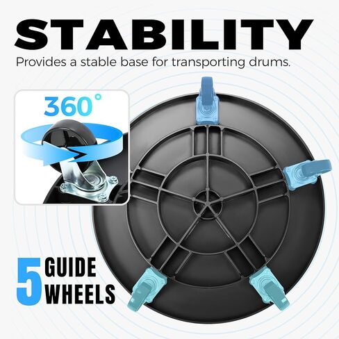 KUAFU 500 رطل طبل دوللي لحاوية مستديرة سعة 55 جالونًا، عربة طبل بلاستيكية شديدة التحمل، عربة أسطوانية بلاستيكية متينة مع 5 عجلات دوارة لنقل العناصر باللون الأسود in Kuwait