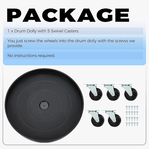 KUAFU 500 رطل طبل دوللي لحاوية مستديرة سعة 55 جالونًا، عربة طبل بلاستيكية شديدة التحمل، عربة أسطوانية بلاستيكية متينة مع 5 عجلات دوارة لنقل العناصر باللون الأسود in Kuwait