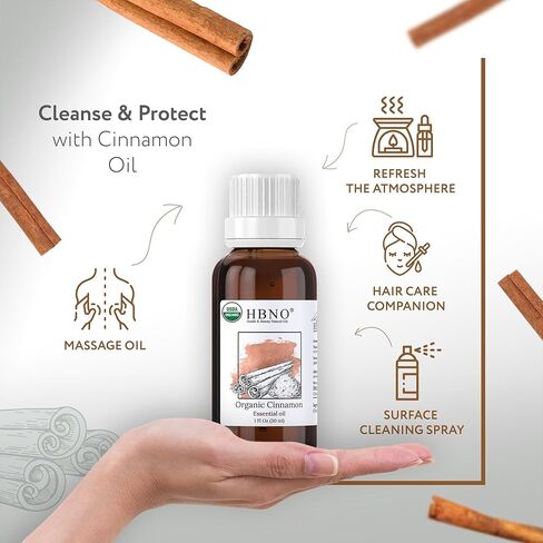 HBNO Organic Cinnamon Leaf Essential Oil - 1 oz (30ml) Travel Size - USDA Certified Organic Cinnamon Essential Oil, Perfect for Aromatherapy, Soap Making, DIY, Fragrances, Diffuser. in Kuwait
