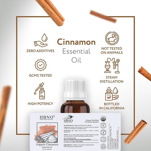 HBNO Organic Cinnamon Leaf Essential Oil - 1 oz (30ml) Travel Size - USDA Certified Organic Cinnamon Essential Oil, Perfect for Aromatherapy, Soap Making, DIY, Fragrances, Diffuser. in Kuwait