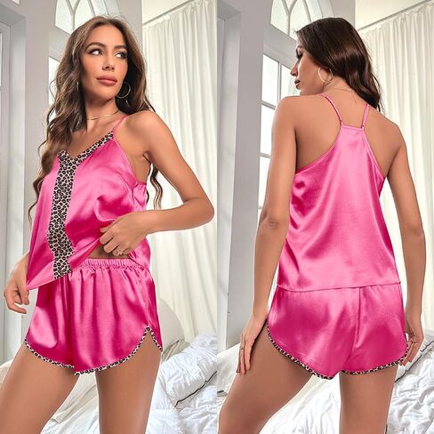 Women's Silky Satin Pajama Set V-Neck Camisole Leopard Print Shorts 2 Piece Lounge Soft Sleepwear in Saudi Arabia