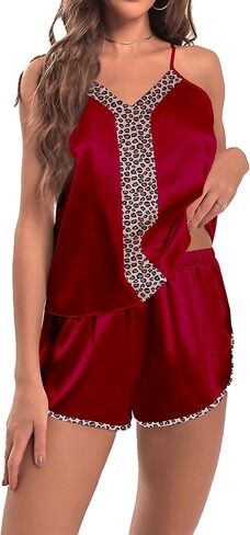 Women's Silky Satin Pajama Set V-Neck Camisole Leopard Print Shorts 2 Piece Lounge Soft Sleepwear in Saudi Arabia