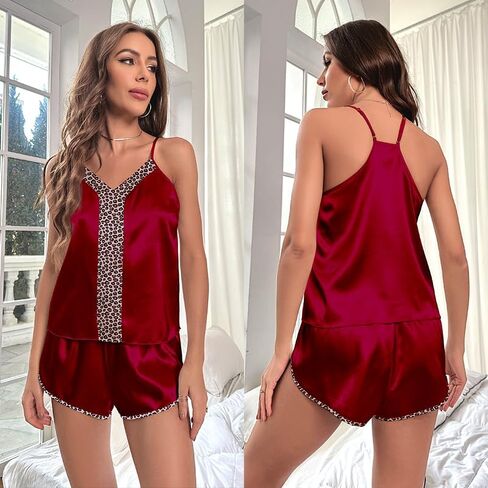 Women's Silky Satin Pajama Set V-Neck Camisole Leopard Print Shorts 2 Piece Lounge Soft Sleepwear in Saudi Arabia