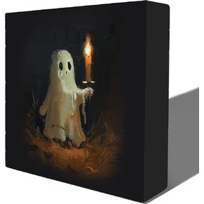 Halloween Signs, Spooky Halloween Ghost Hold a Candle Wooden Box Sign, Halloween Ghost Decorations, Halloween Table Desk Shelf Decorations, Spooky Home Decor, 5x5 Inches