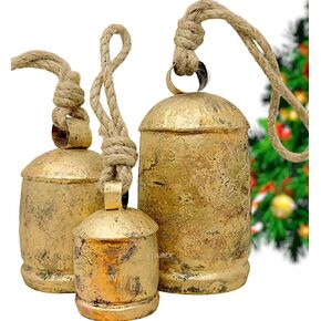 Set of 3 Large Christmas Bells Vintage Rustic Country Cowbells Decor Giant Harmony Metal Reindeer Decorative Hanging Bells for Wreath Ornaments XL Tibetan