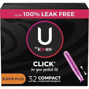 U by Kotex Click Compact Tampons, Super Plus Absorbency, Unscented, 32 Count