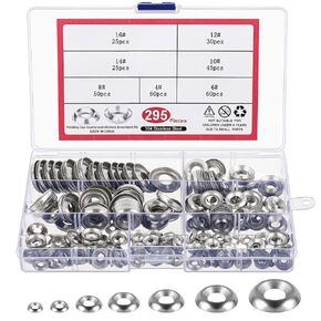 295 Pcs Finish Washers #4#6#8#10#12#14#16 Countersunk Washers Cup Washer Assortment Stainless Steel Finishing Washers, 7 Sizes
