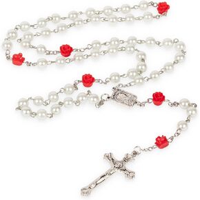 White Pearl Glass Rosary Beads Roman Catholic Prayer Crucifix for Men Women Baptism Confirmation Communion Wedding Religious Gifts