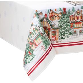 Elrene Home Fashions Storybook Christmas Village Bordered Holiday Wrinkle Resistant Tablecloth, 60" x 84", Oval, Multi