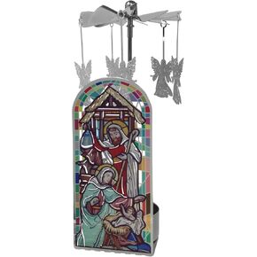 Nativity Rotating Candle Holder with Silver Spinning Angels - Holy Family Christmas Candle Spinner - Tea Light Candle Included - 6" X 1.75"