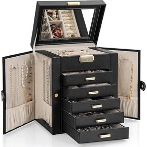 TORIBIO Jewelry Box Faux Leather Jewelry Organizer with Mirror, Jewelry Storage Case for Girls/Women/Mother, Necklace Earring Bracelets Holder Organizer, Beige Yellow