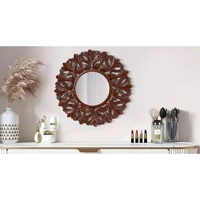 Mirror Wall Décor,Carved Wood Wall Mirror Décor12 Round,Hanging Wall Mirror with Wood Frame and Attached Hanging Bracket, Rustic Farmhouse Decor for The Living Room,Bathroom,Bedroom_ White