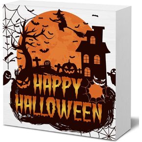Halloween Wooden Box Sign Home Decor, Farmhouse Happy Halloween Wood Block Sign for Desk Shelf Decoration, 5.1 x 5.1 Inches