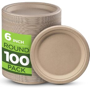 100% Compostable Paper Plates Heavy Duty - 100 Pack Biodegradable Disposable Plates - 6" Brown Disposable Dessert Plates Made of Eco-Friendly, Natural Unbleached Sugarcane Bagasse, Microwavable Plates