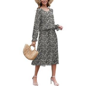 Womens Long-Sleeve Midi Dress:Crewneck Boho Floral Long Dress Casual Flowy Fall Chiffon Dress Pleated Wedding Dress