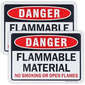 2 Pack Danger Flammable Material No Smoking Or Open Flames Sign, 10" x 7" .04" Rust Free Aluminum – Reflective, UV Protected and Weatherproof