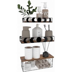 PHAREGE Moon Phase Floating Shelves with Towel Bar Brown Black, Set of 3 Decorative Wall Shelves for Storage or Decor