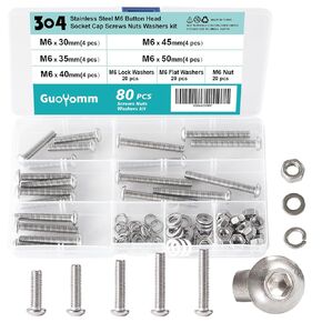 80 PCS M6 x 30mm 35mm 40mm 45mm 50mm, Button Head Socket Cap Screws Bolts Washers Nuts Assortment Kit, Stainless Steel 304, Metric Allen Hex Drive