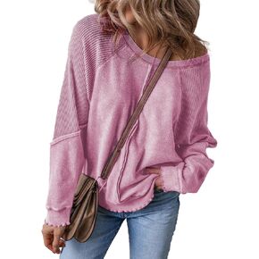 Maketina المرأة الهراء متماسكة المرقعة البلوز طاقم الرقبة طويلة الأكمام مكشوف التماس راجلان البلوز تونك القمم in Kuwait