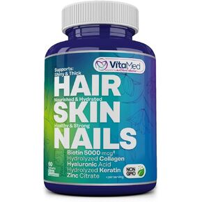 Hair Skin and Nails Vitamins - Collagen Pills for Hair Growth, Biotin 5000mcg to Strengthen Nails and Glowing Skin, Hyaluronic Acid, Vitamin C, E, B6, Keratin Hair Treatment, 60 Tablet.