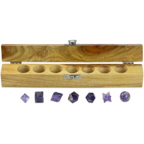 The Masonic Exchange Platonic Solids Amethyst 7 Piece Sacred Geometry Set with Gift Wood Box