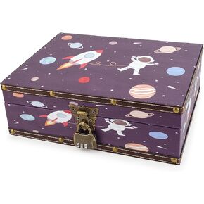 Wood and Leather Treasure Chest with Lid and Lock-Decorative Jewelry Keepsake Storage Box for Kids, Teenagers,for Birthday Wedding Nursery Office Home Decoration, Space Rocket and Planets