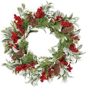 Sggvecsy 19 Inch Artificial Christmas Wreath for Front Door Flocked Lambs Ear Wreath with Red Berries Pine Needles Pinecones Christmas Decorations for Wall Outdoor Home Holiday Xmas Decor