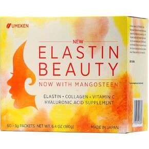 Umeken Elastin Beauty Powder Supplement with Collagen Peptides, Hyaluronic Acid, Vitamin C and Mangosteen Fruit, Women’s Health and Wellness, 1 Month Supply, 60 Packets