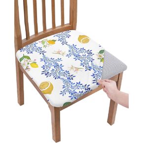 Summer Lemon Seat Covers for Dining Room Chairs Covers, Office Chair Seat Cover, Navy Blue Spring Floral Botanical Chair Slipcovers Stretch Cushion Protector for Kitchen Banquet Set of 4