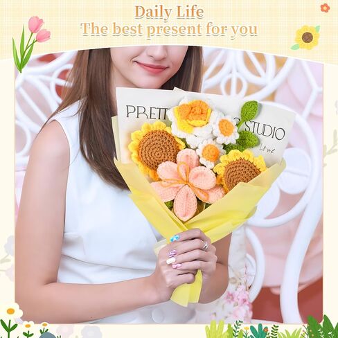 Crochet Flowers Gifts for Women,Flowers Gifts for Mom Wife, 7Pcs Handmade Completed Crochet Flowers Bouquet for Women Best Friend Girlfriend Anniversary Graduation Day Wedding Home in Saudi Arabia