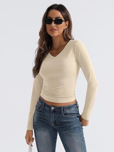 Trendy Queen Long Sleeve Shirts for Women 2024 Fall Fashion V Neck Basics Crop Tops Layering Slim Fitted Y2K Tops in Kuwait