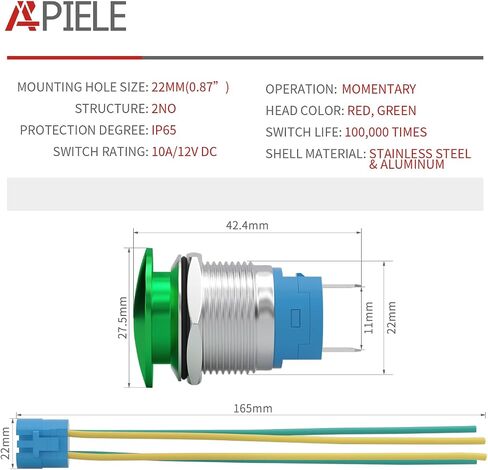 APIELE 22mm 10A Mushroom Head Momentary Push Button Switch IP65 Waterproof DPST 2NO Push Button 12V 24V 36V DC 110V 250V AC 10A (Green, 22MM) in Kuwait